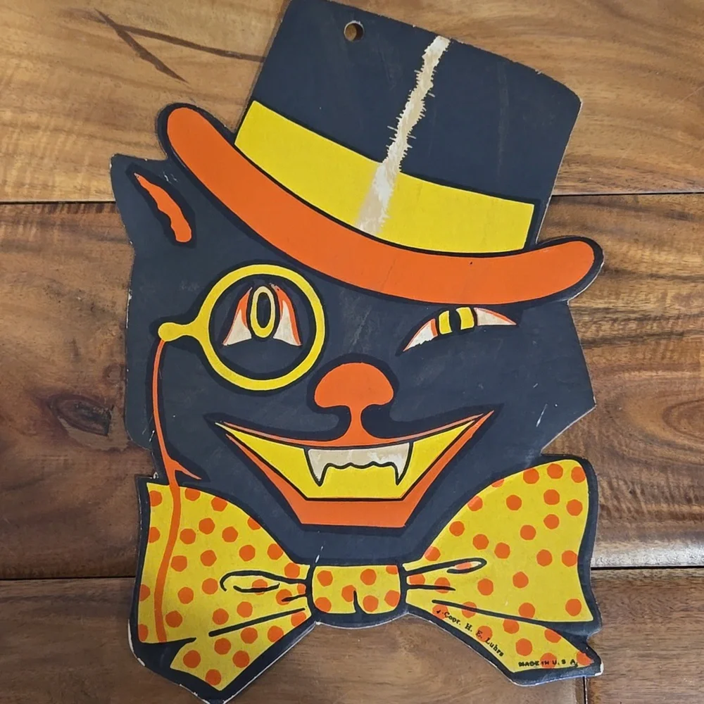 Vintage H.E. Luhrs Die-Cut USA Cardboard Halloween Decor Cat  Witch‎ Pumpkin